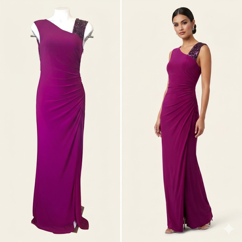 Adrianna Papell Magenta Beaded Draped Jersey Gown NWT Sz 4 Formal Gala Statement